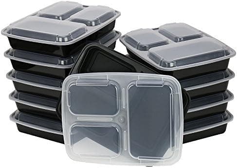 Glotoch 10 Pack of 39 Ounce BPA-Free Disposable Lunch Boxes & Meal Prep Containers with Lids, 3 Compartment Food Storage Containers, Microwaveable, Freezer & Dishwasher Safe