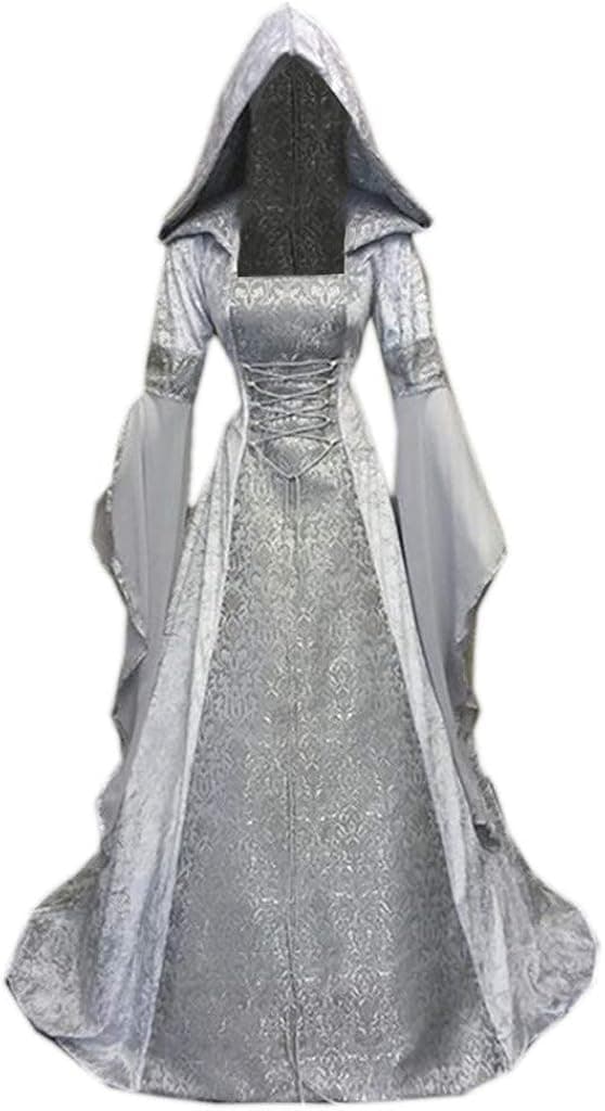 Renaissance Dress Women Vintage Medieval Hooded Trumpet Sleeve Elegant Floor Length Maxi Long Sleeve Dress