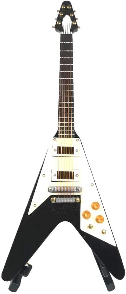 Alano Miniature Electric V-Guitar, Electric Bass Guitar 6 Strings Dollhouse Wooden Model Musical Instrument Black/White Bass Flying V Guitar 6.3”/18cm (Black)