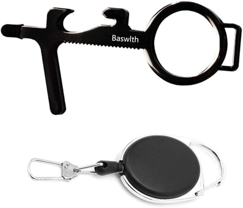 Baswlth No Touch Door Opener Multi-Tool,Touch Free Stylus Supports Keychain Tool for Handle,Touchscreens,Keypads,Button and Bottle Opener(Black)