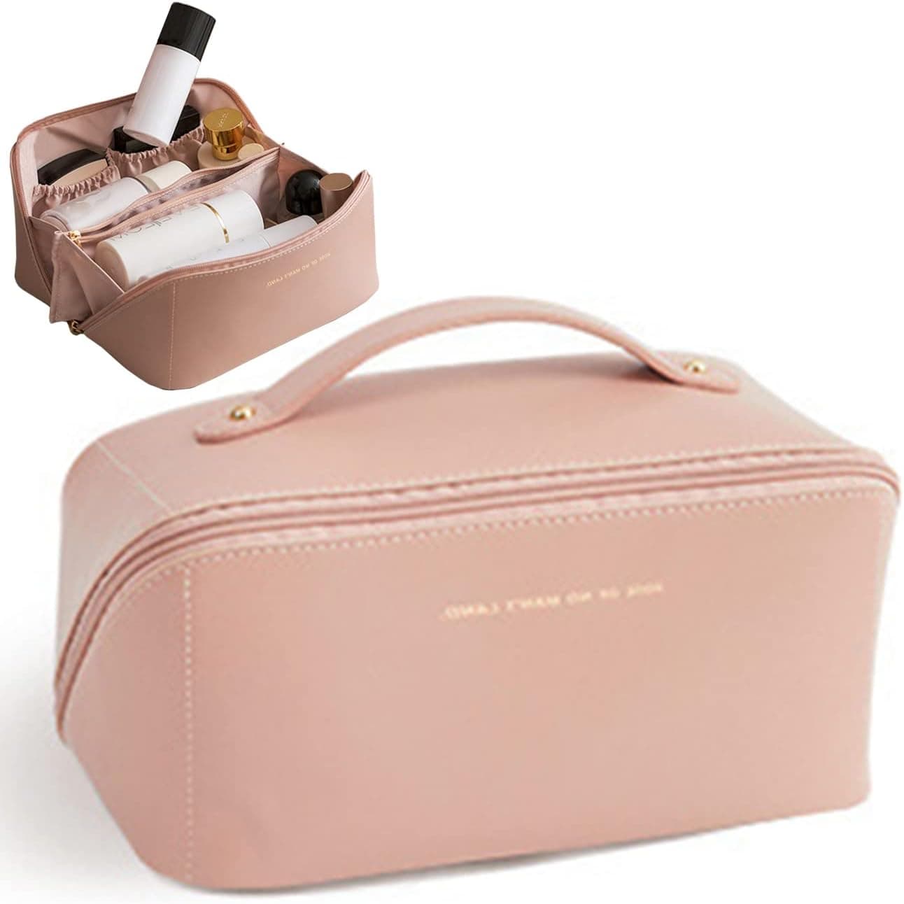Large Capacity Travel Cosmetic Bag Flat Big Makeup Bag for Women Portable Waterproof PU Leather Skincare Bag with Handle and Divider
