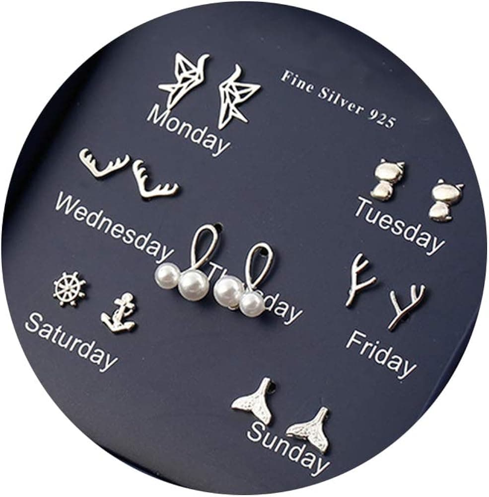 7 Pairs Earrings Set 925 Sterling Silver Earring Stud Gift for Her Girls Women