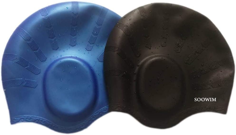 SOOWIM Long Hair Swim Cap 2 Pack with Ear Plug, 2019 Thicker Design, Waterproof Silicone Swimming Caps for Woman and Men