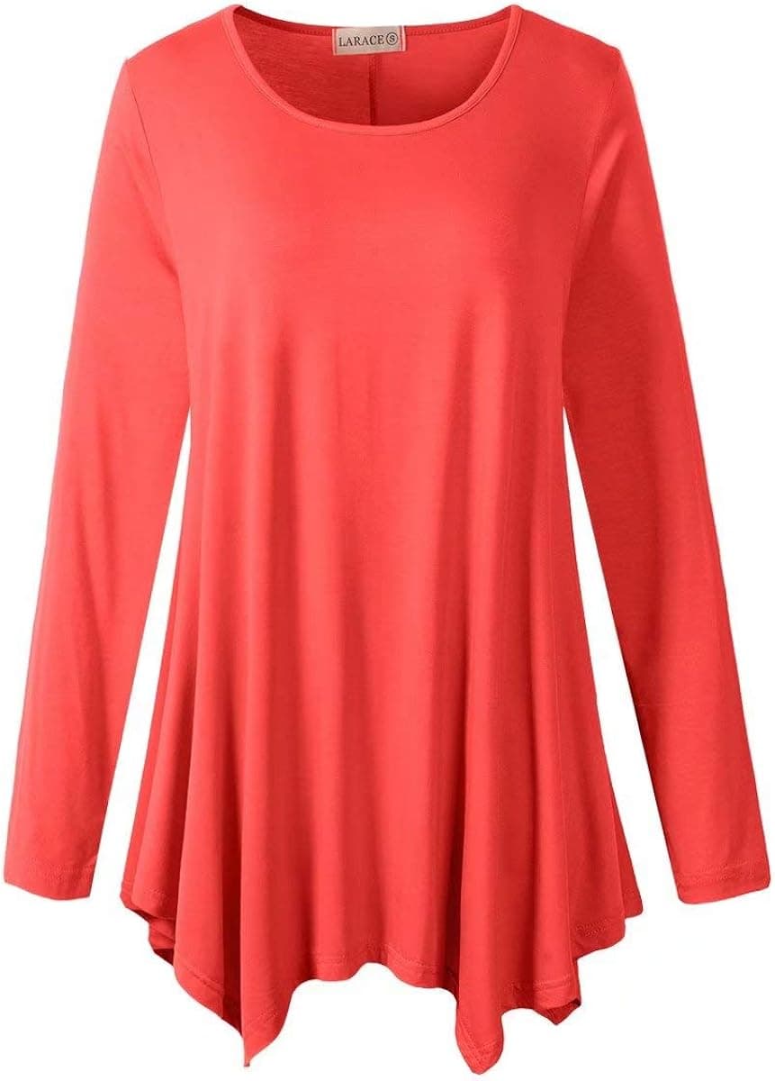 LARACE Womens Long Sleeve Flattering Comfy Tunic Loose Fit Flowy Top (1X, Watermelon Red)
