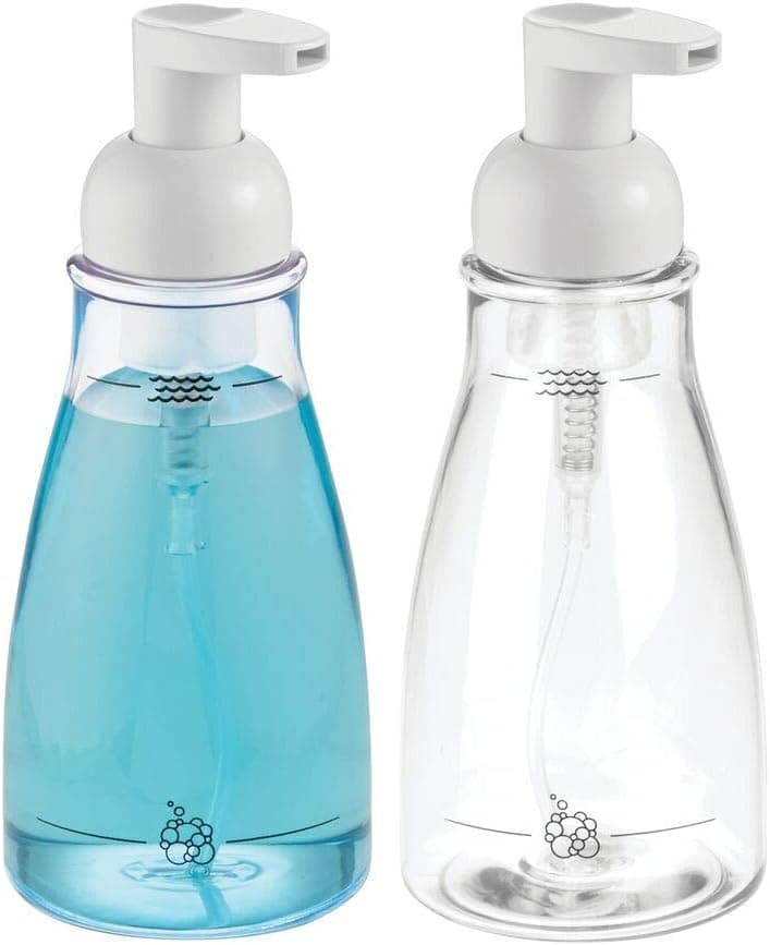 mDesign Round Plastic Refillable Foaming Hand Soap Dispenser Pump Bottle for Bathroom Vanities, Kitchen Sink, Countertops - 2 Pack - Clear/White
