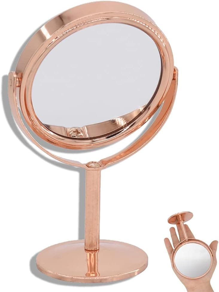 BEGOOD Rose Gold Makeup Mirror Mini Mirror 1X/2X Magnifying Vanity Tabletop Mirror Double-Side Stand 360°Swivel Mini Cosmetic Mirror Desk Mirror, 6 inch Total Height, Mirror Width 3.5 inches