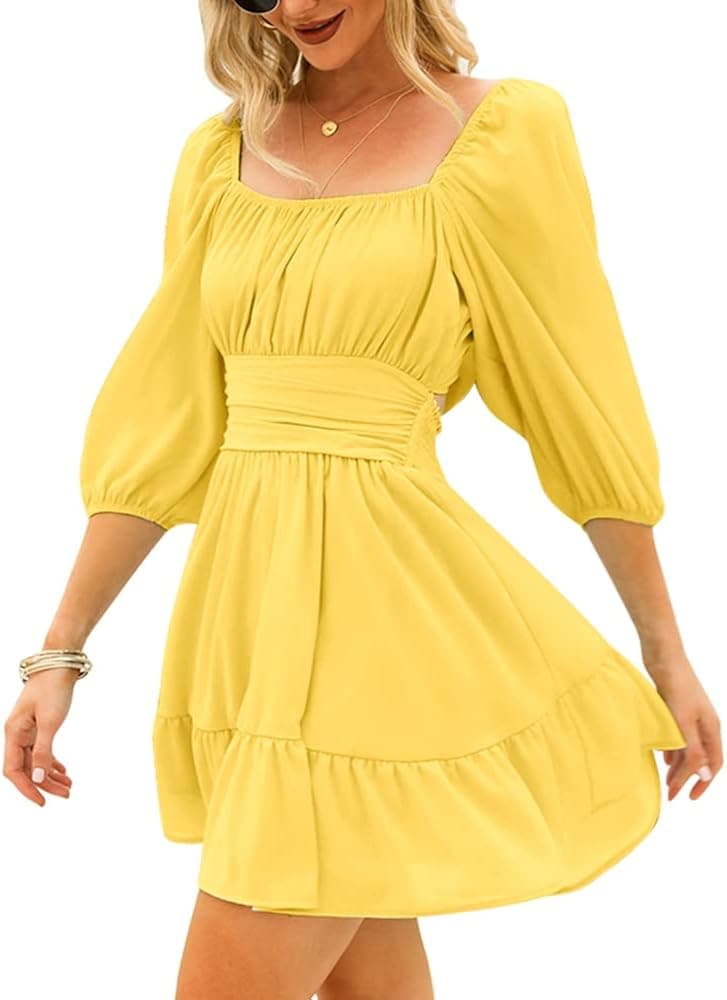 EXLURA Women's Lantern Sleeve Tie Back Casual Dresses Ruffled Off Shoulder A-Line Vintage Mini Dress