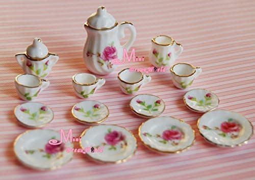 ! Lot of 15pcs England Rose Dollhouse Miniature Porcelain Coffee Tea Cup Set