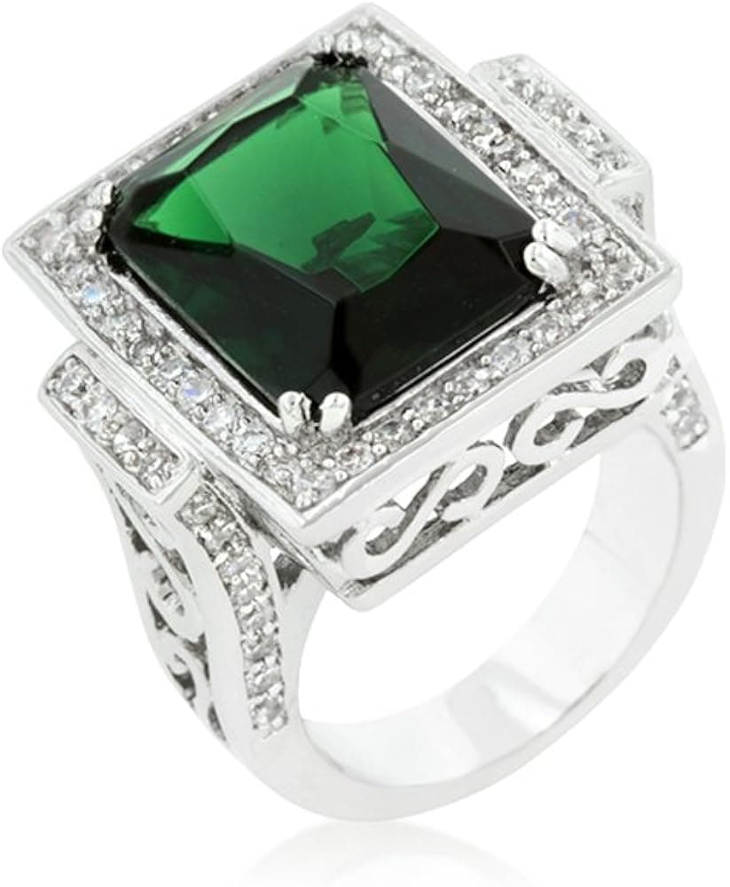 Rhodium Plated Classic Cocktail Ring Featuring Filigree Crafting and Emerald Green CZ