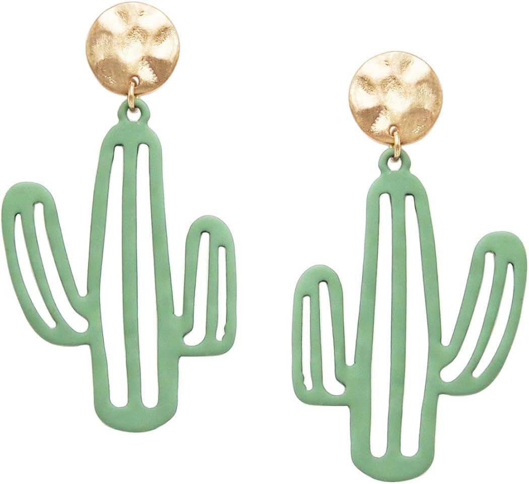 Rosemarie & Jubalee Women's Western Style Green Powder Coated Textured Metal Cactus Hypoallergenic Post Dangle Earrings,2.5"