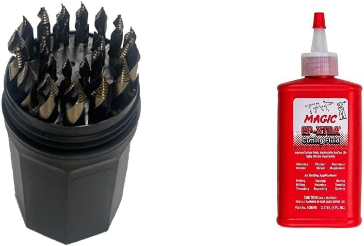 Norseman 22903 1/16 in. - 1/2 in. Super Premium Black and Gold Oxide Hi-Molybdenum Steel Drill Bit Set, 29-Piece, Grey & Forney 20857 Tap Magic Industrial Pro Cutting Fluid, 4 oz
