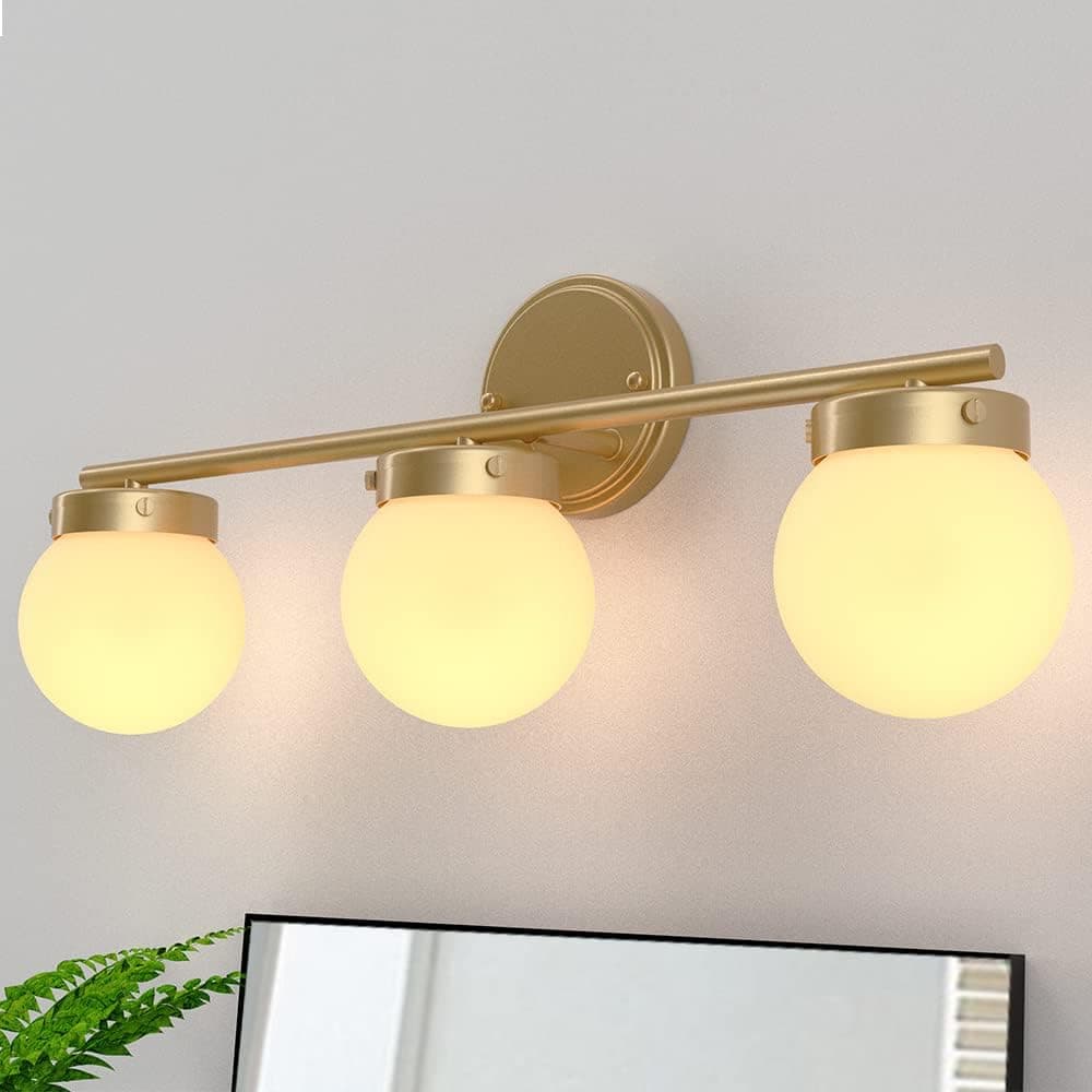YIMAKEY Modern Bathroom Vanity Light Fixtures, 3-Lights Mid Century Gold Vanity Light Over Mirror with Milky Glass Globe Shade for Bathroom(Bulb not Included)