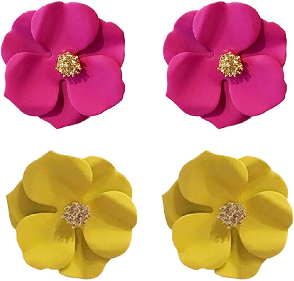 GIMEFIVE 2 Pairs Chic Boho Matte Flower Statement Stud Earrings Set with Gold Flower Bud for Women Sister Mom Lover and Friends Jewellery (A Rose red+Yellow)