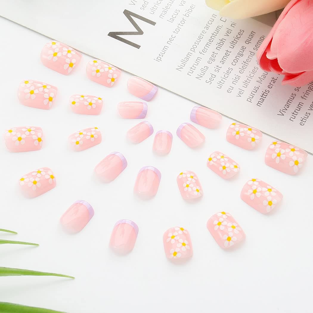 Aksod Cute Short Flower Press on Nails Glossy Square False Nails Designed Purple Full Cover Artificial Fake Nails for Women and Girls 24Pcs (Style E)