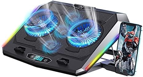 Onecen Laptop Cooling Pad for 12-17 Inch Laptops with 5 Quiet Fans Gaming Notebook Cooler Stand RGB Lights Portable Adjustable Height Fan Mobile Phone Holder, Black Blue Fans, 424 x 317 x 38 mm