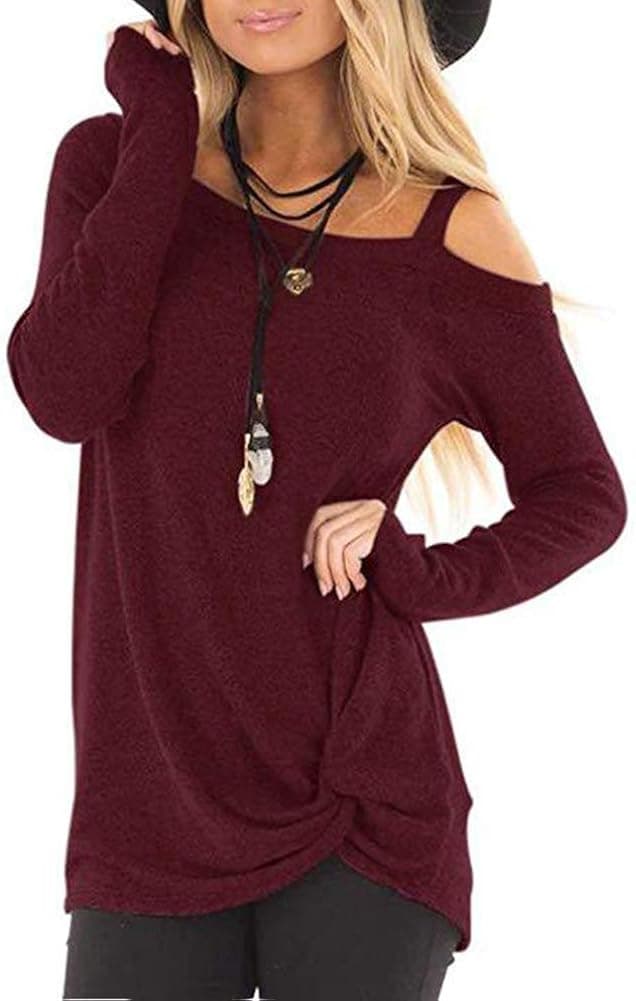 QIJOVO Women's Comfy Casual Long Sleeve Side Twist Knotted Tops Blouse Tunic T Shirts