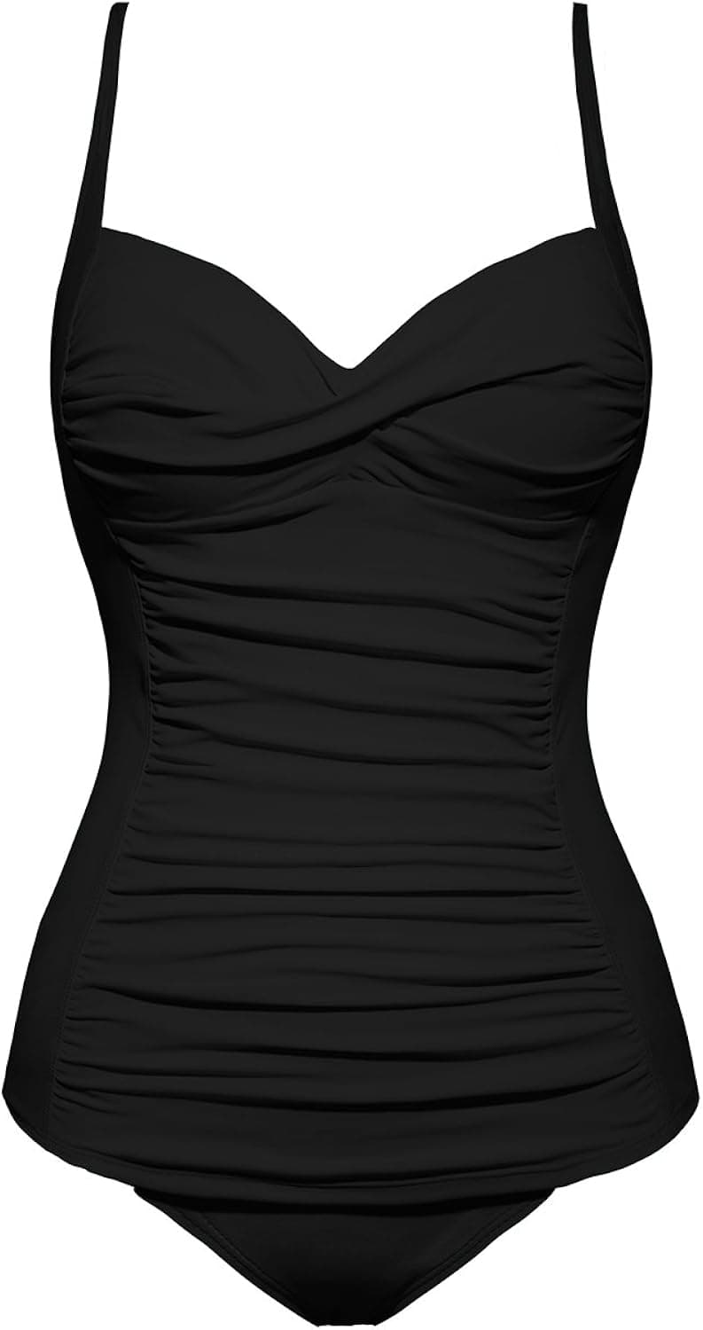 GRAPENT Women's Racing Ruched Two-Piece Tankini Set Solid Color Bathing Suit