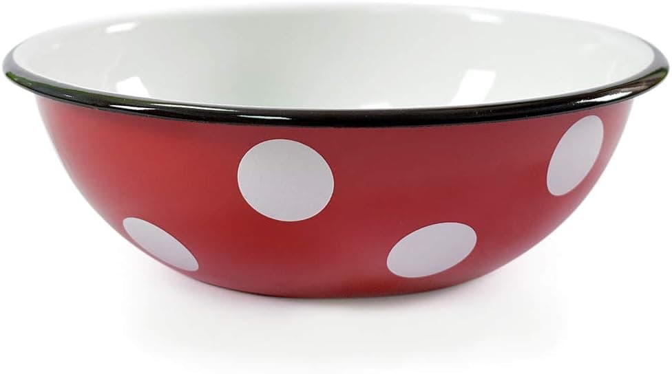 Decorative Enameled Steel Bowl Red White Polka-dot Enamelware Bowl Serving Bowl Enamel Soup Bowl (2.5L)
