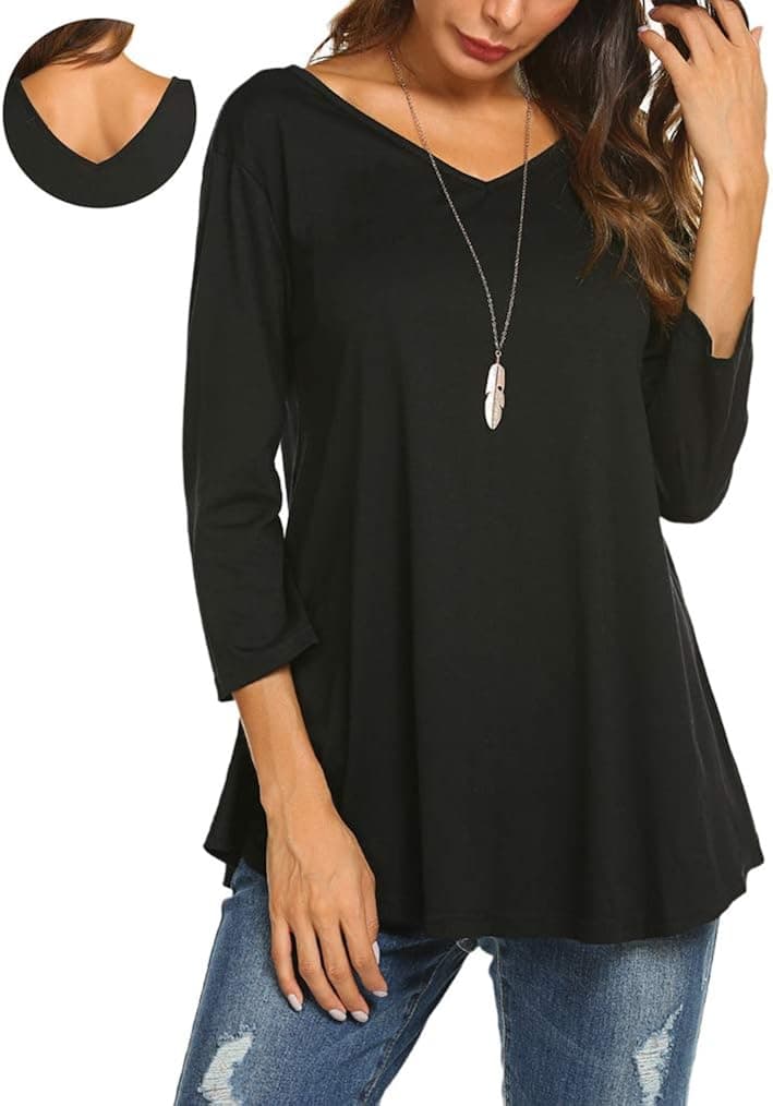 Naggoo Womens Black V Neck T Shirt 3 4 Sleeve Tunic Tops V Neck Flattering T Shirts