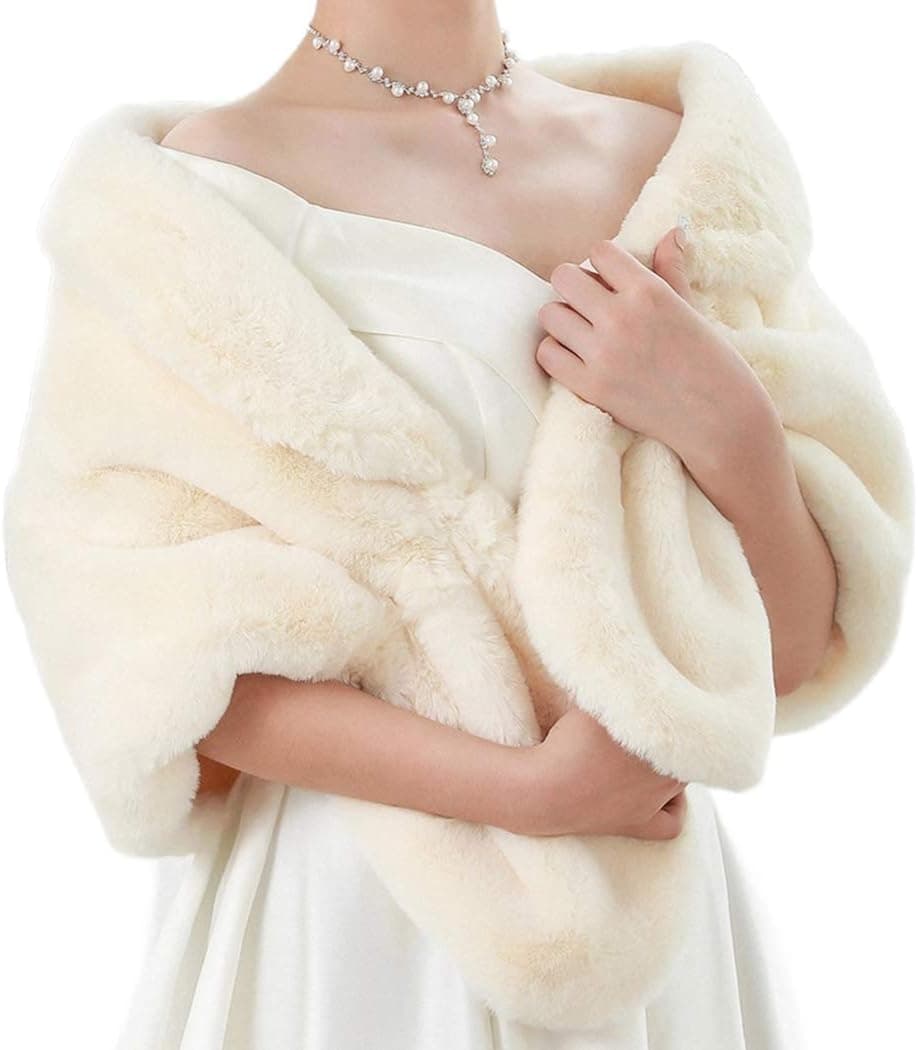 TWINKLEDE Wedding Faux Fur Shawl and Scarfs Bridal Fur Wraps and Shawls Winter Fur Stole for Brides and Bridesmaids