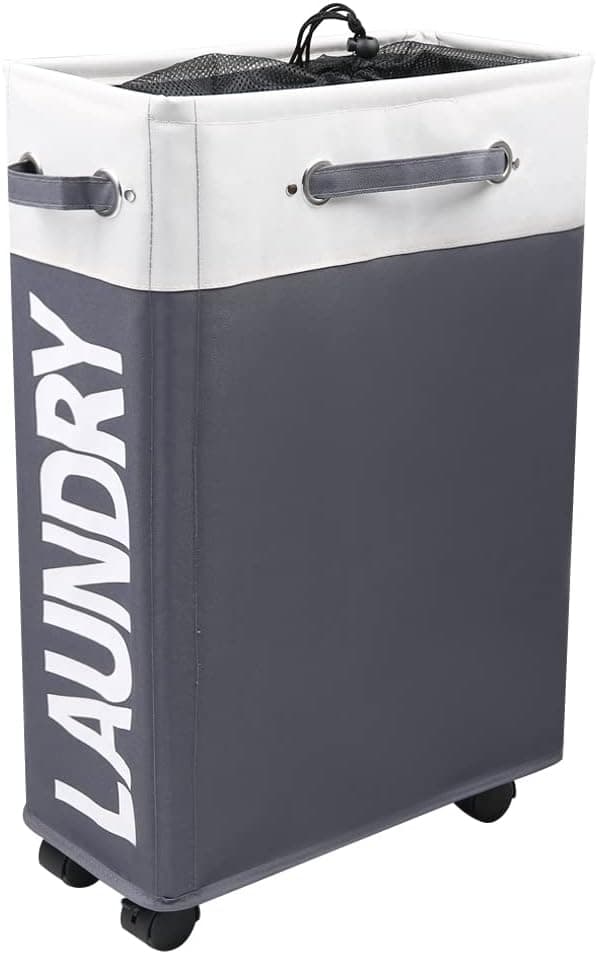 Comfortez 22” Slim Foldable Laundry Basket with Multiple Handle Waterproof Clothes Hamper Top Double Fabric Baskets with Wheels, Tall Thin Rolling Laundry Hamper on Wheels (Beige Plus Dark Grey)