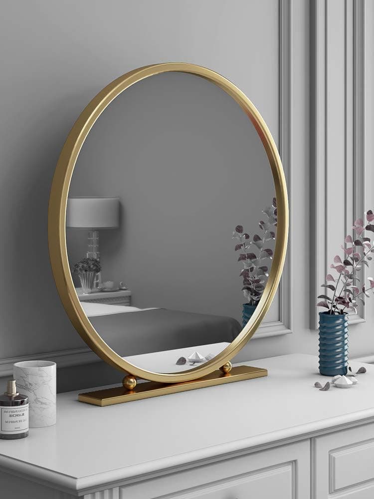 TIANGU Gold Round Mirror with Base,Large Circle Mirrors for Dressing Table Decor,23.6in Big Metal Frame Standing Mirror,Modern Vanity Mirror for Living Room Bathroom Bedroom