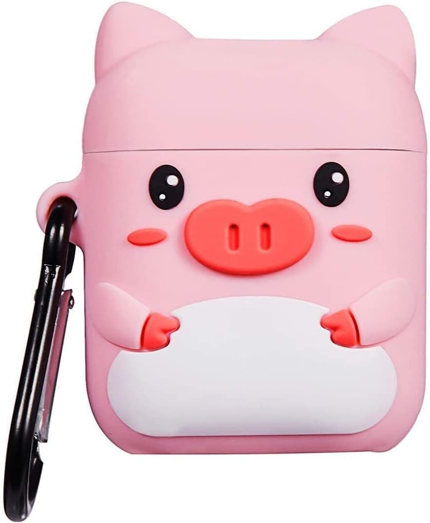 Punswan for Airpods 1 & 2 Charging Case,3D Cute Silicone Cartoon Airpod Charging Dock Cover,Character Design Air pod Girls Kids Women Soft Full Protective Skin Cases With Carabiner Keychain (Pink Pig)