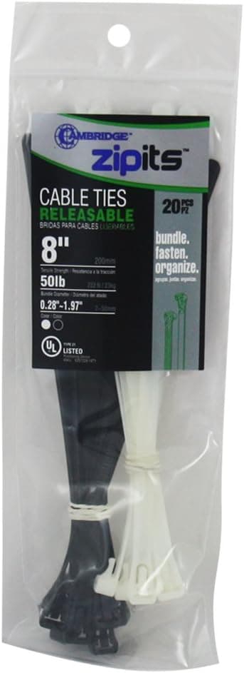 Cambridge ZipIts Releasable Nylon 6/6 UL Listed Cable Ties 20 Pack Assortment, Natural and UV Resistant Black, 8-in 50 Lb, 10 per Color, Contractor Quality and Strength