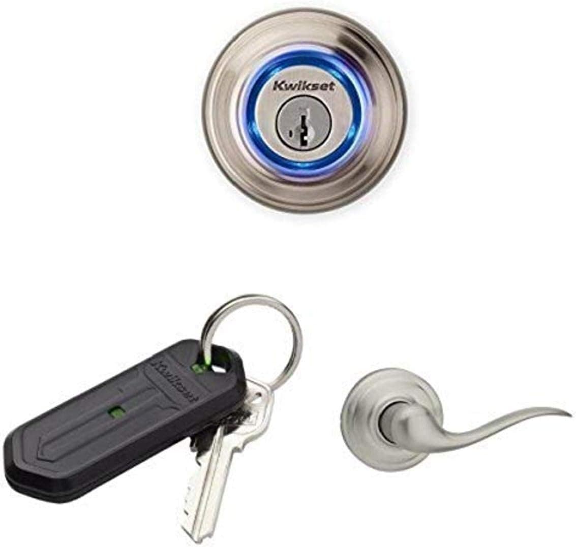 Kwikset Kevo (2nd Gen), Key FOB Accessory and Tustin Passage Lever Bundle, Compatible with Alexa via Kevo Plus, in Satin Nickel