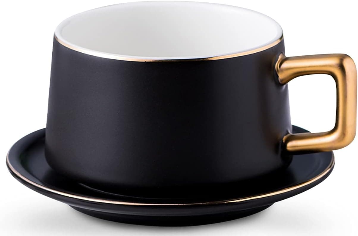 ENJOHOS Black Coffee Cup and Saucer Set 9 Oz Ceramic Tea Cup Set Matte Black Porcelain Cup Set European Golden Hand Cup Saucer Set(Matte Black)