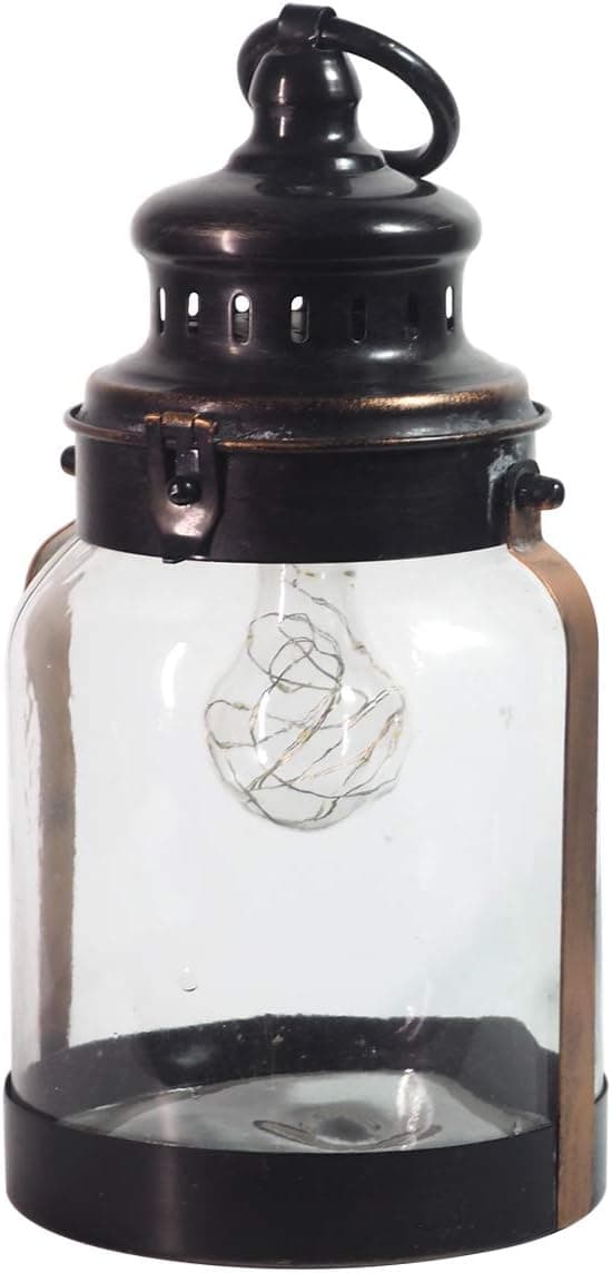 HAUCOZE Table Lamp Battery-Operated Bedside Lamp Night Light Hanging Decorative Lantern Handmade Glass Shade Antique Iron Frame Warm Light E27 Bulb 2AA Batteries On and Off Switch 21cmH