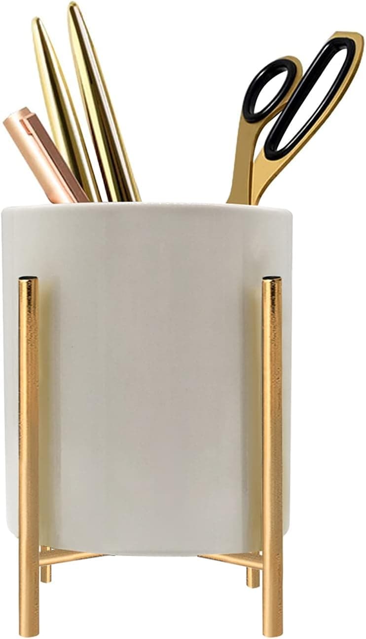 Ceramic Brush Holder 1Pack,Pencil Holder Cup Metal Frame Support Stable Makeup Brush Holder For Girls Women,Desk Accessories Holder,Durable Desktop Organizer Pencil Holder Pot Ideal Gift (White)