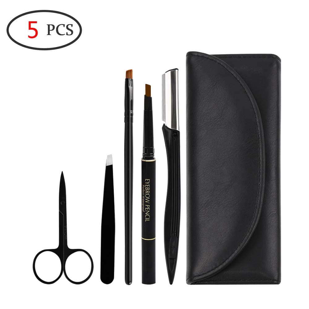 Eyebrow Kit Razor Pencil Brush Scissors Tweezers Grooming Kit for Men and Women (Dark Brown Eyebrow Pencil)