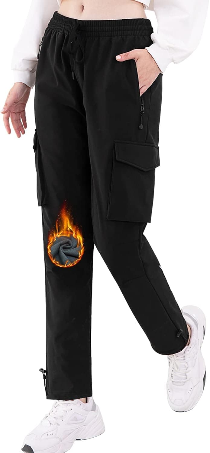 Women's Cargo Hiking Pants Fleece Lined Waterproof Trousers Softshell Warm Winter Joggers Outdoor Camping Travel Sweatpants