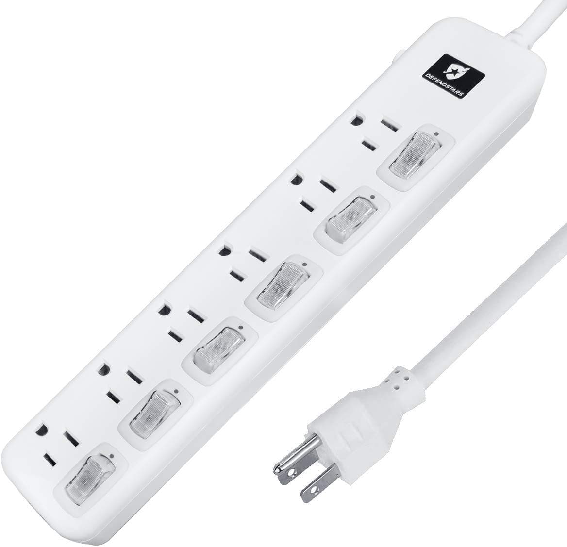 6 Outlets Surge Protector Power Strip 6-Foot 14AWG Long Extension Cord with 6 Independent Switches 1875W/15A ETL Certified