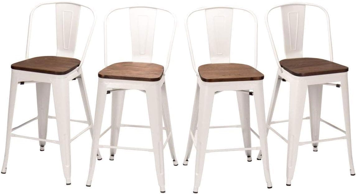 HAOBO Home Metal Bar Stools Modern Industrial Counter Height Stools Dining Chairs (30", High Back White Wooden Seat)[Set of 4]