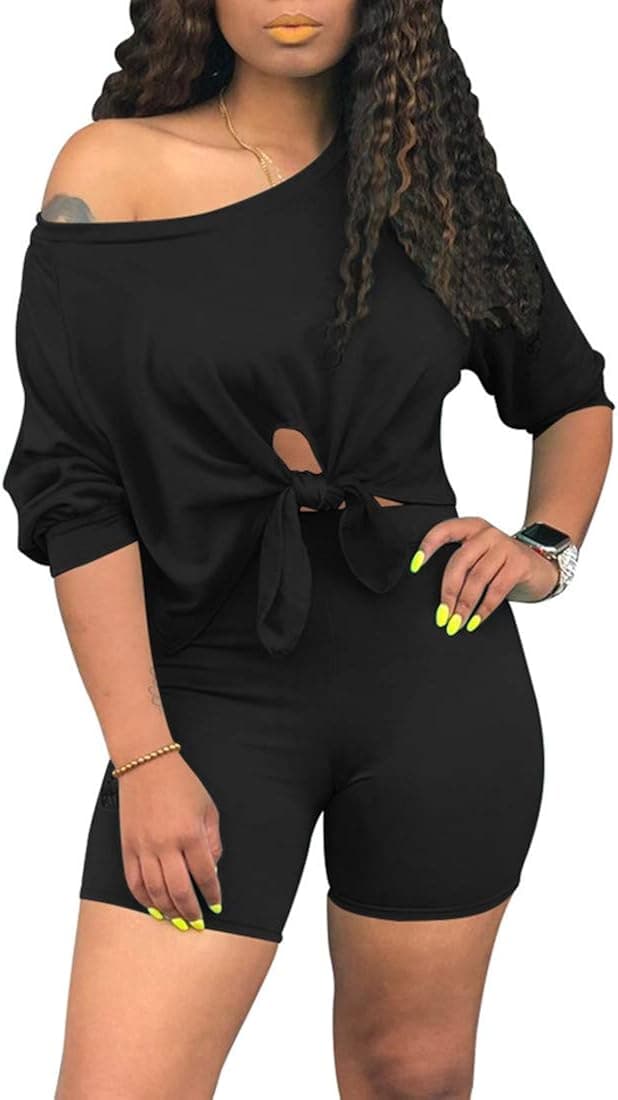 cailami Women's Sexy Summer 2 Piece Outfits Off Shoulder Tie Up Top Biker Shorts Set Tracksuit
