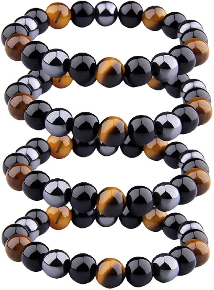 COLORFUL BLING 2/4 Pcs Triple Protection Bracelet Natural Bring Luck and Prosperity Obsidian Bracelet Black Obsidian - Hematite - Tiger Eye - Stone Bracelets