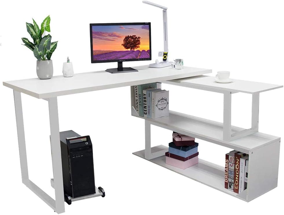 XINYUN L-Shaped Computer Desk,55inch 360 degree Rotating Corner Desk with 2 Storage Shelves,Specialties Sturdy Left or Right Facing Combo Table for Home Office,Write Desk Double Workstation(White)