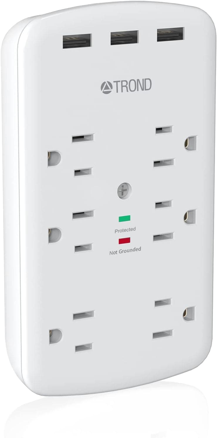 Multi Plug Outlet Extender with USB - TROND 1280J Surge Protector Outlet, 6 Widely Spaced Outlets, Outlet Splitter with Phone Holder Design, Wall Plug Extender for Home, Office, Travel and Dorm