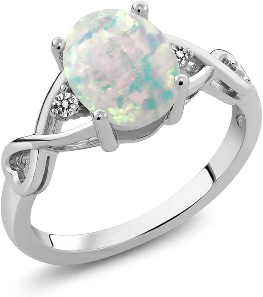 Gem Stone King 925 Sterling Silver Cabochon White Simulated Opal and White Diamond Ring For Women (0.66 Cttw, Available in size 5, 6, 7, 8, 9)