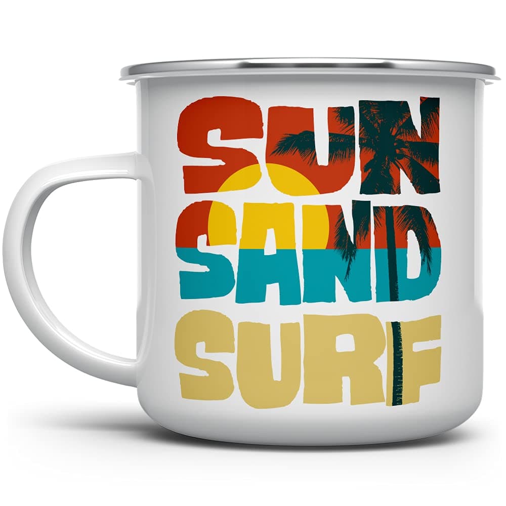 Sun Sand Surf Camp Coffee Mug, Beach Surfing Lover Campfire Cup, Gift for Camping Surfer Nature Outdoor Enthusiast (12oz)