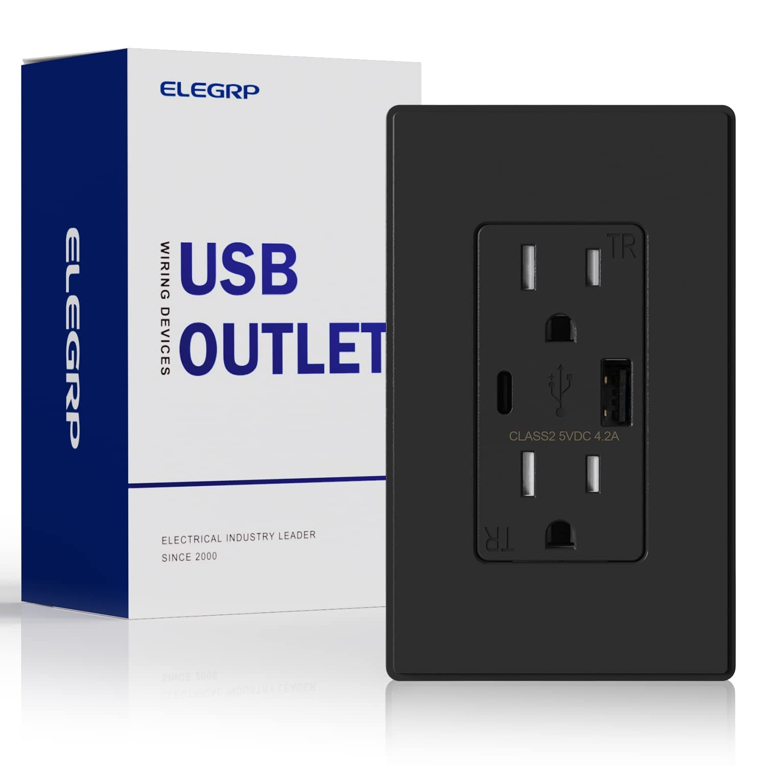 ELEGRP USB Charger Wall Outlet, USB Receptacle with Type A & Type C USB Ports, 15 Amp Duplex Tamper Resistant Receptacle Plug NEMA 5-15R, Wall Plate Included, UL Listed (1 Pack, Matte Black)