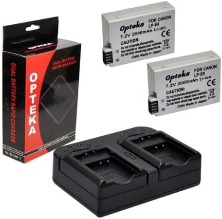 Opteka DBC-LPE8 AC/DC Dual Battery Rapid Charger with 2x Opteka LP-E8 LPE8 2000mAh Ultra High Capacity Li-Ion Battery Pack, Works with Canon EOS Rebel T2i T3i T4i T5i 550D 600D 650D 700D Kiss X4 X5 X6 X6i X7i DSLR Digital Camera