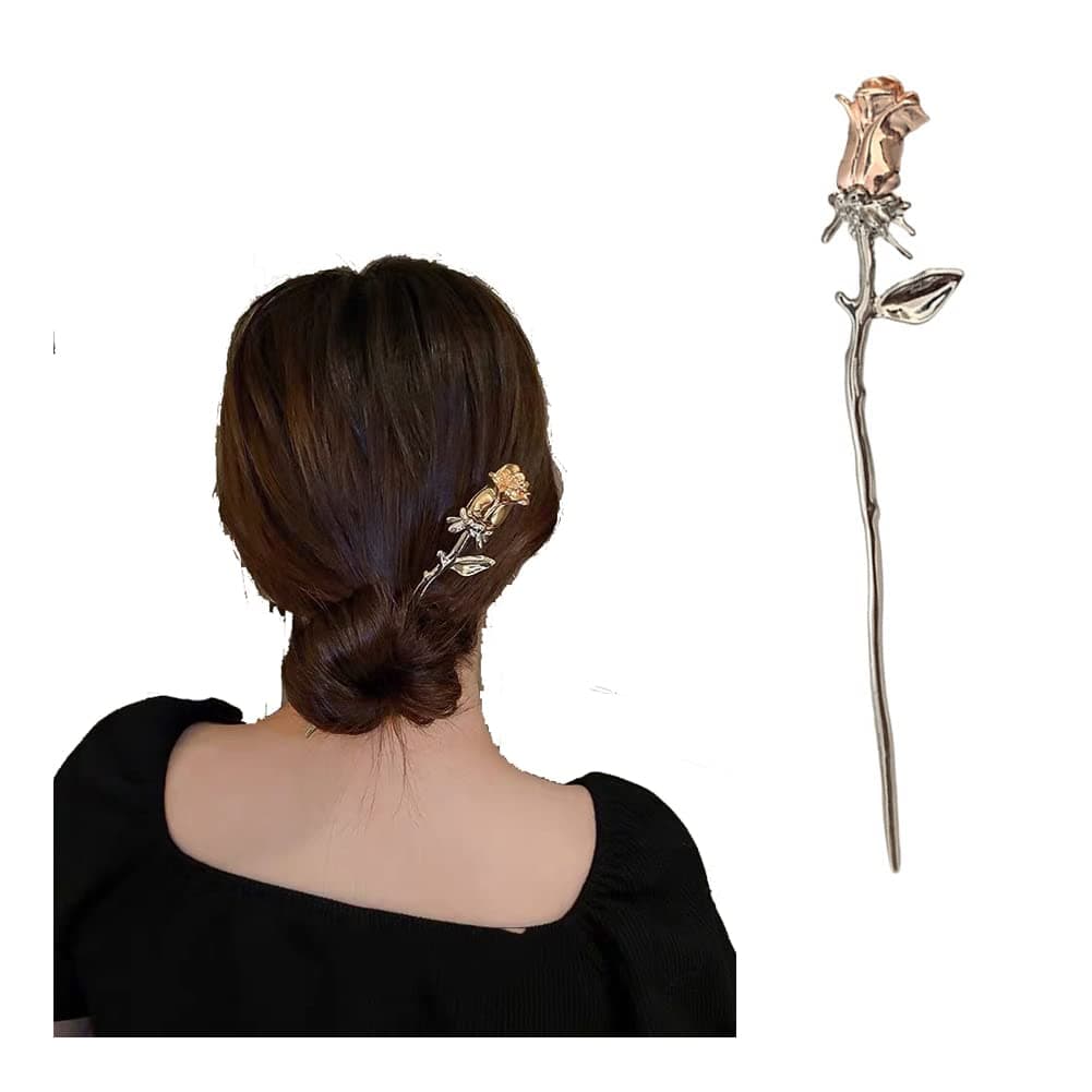 Rose Flower Chopsticks for Hair Sticks for Buns Rose Gold Hair Accessories for Women Chinese Style Flower Hair Pins Hairpin Hair Chopstick for Wedding