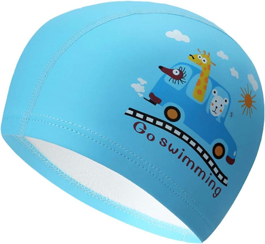 Peacoco Lycra Swim Cap PU Swimming Cap for Kids Girls Boys and Youth Waterproof Swim Caps Protective Ear Caps-Keep Long Hair Dry-Training and Racing-Light Blue
