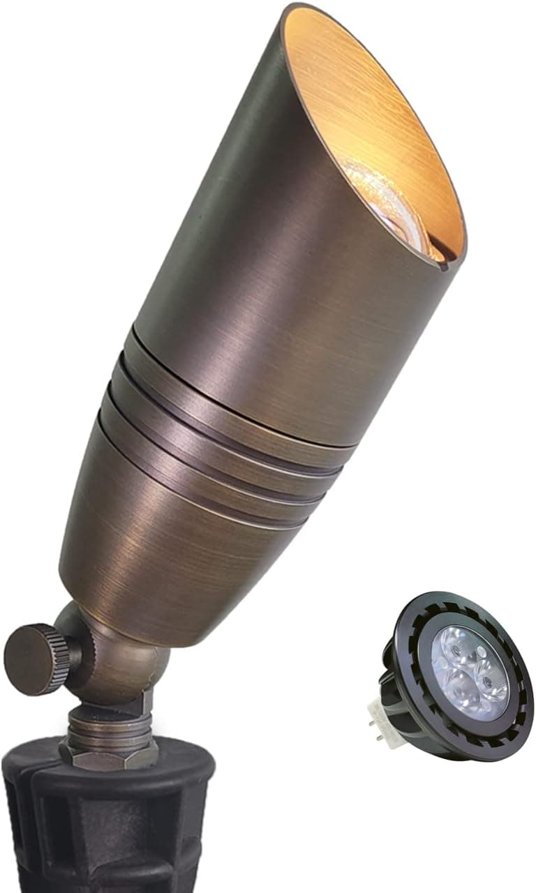 MALORY Brass Landscape Spotlights 1-Pack with Bulb(S02), Low Voltage 12V AC/DC LED Outdoor Spot Uplights for House and Tree,PVC Ground Stake and Wire Connector Included, 5W 2700K Warm White