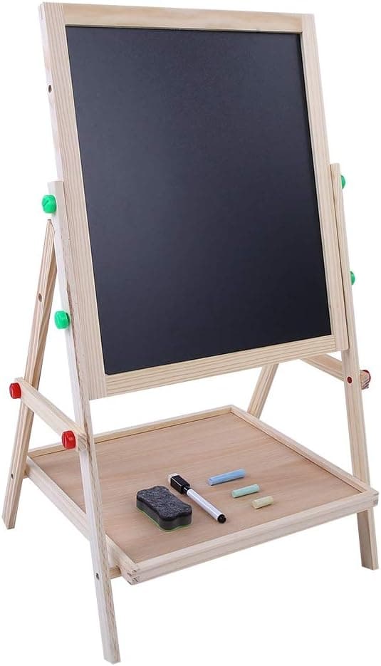 2 in 1 Wooden Kids Art Easel, Double Sided Folding Adjustable Height Children Wooden Standing Blackboard Whiteboard Chalkboard Painting Board Drawing Board with Storage Tray Holder and Acessaries