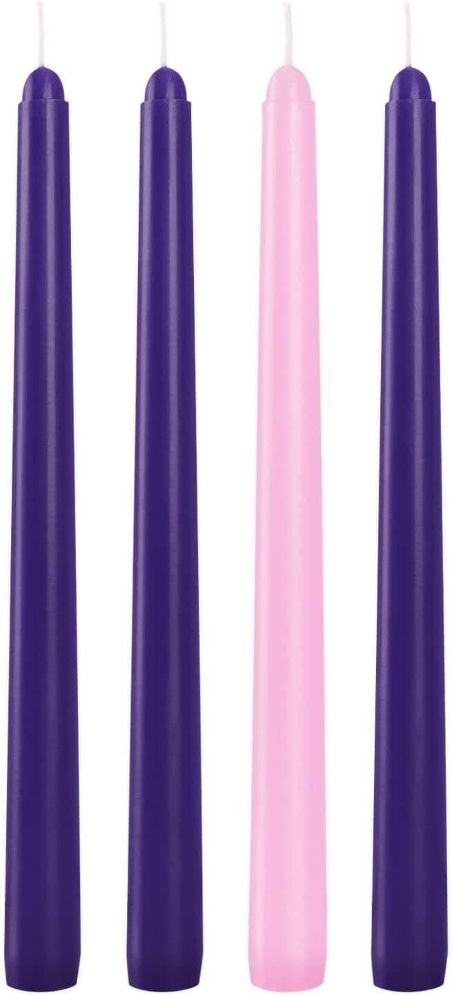 4 Pack Advent Taper Candle Set, 3 Purple 1 Pink Candlesticks, 10 Inch Smokless and Dripless Candlesticks Bulk for Advent Christmas Seasonal Celebration and Daily Home Decoration