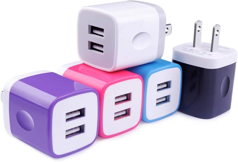 USB Plug, TePoo 5 PC Colourful 5V 2.1A Dual Port Travel USB Wall Charger Adapter Charger Plug Compatible iPhone X 8 7 6, iPad, Samsung Galaxy Note/S Serie, HTC, LG, iPod, Nokia, Moto and More
